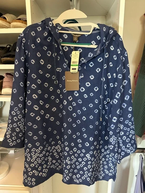 Tommy Bahama NWT Navy Blue Printed Linen Hooded Tunic $138 Retail - Picture 1 of 15